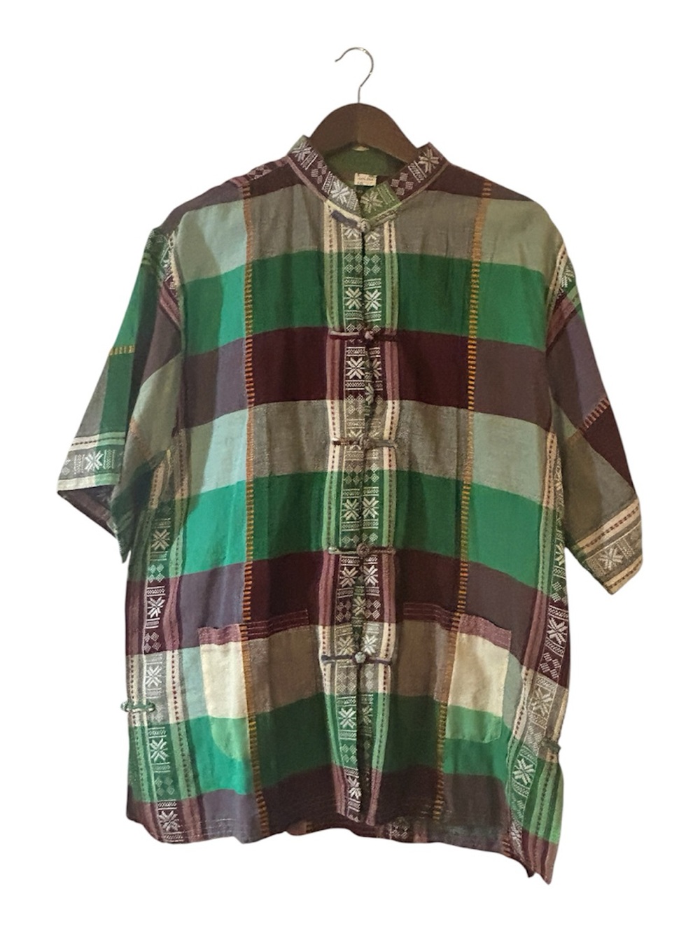 Vintage 100% Silk Asian Mandarin Frog Closure Tunic Top Green Plaid Size M/L

Co